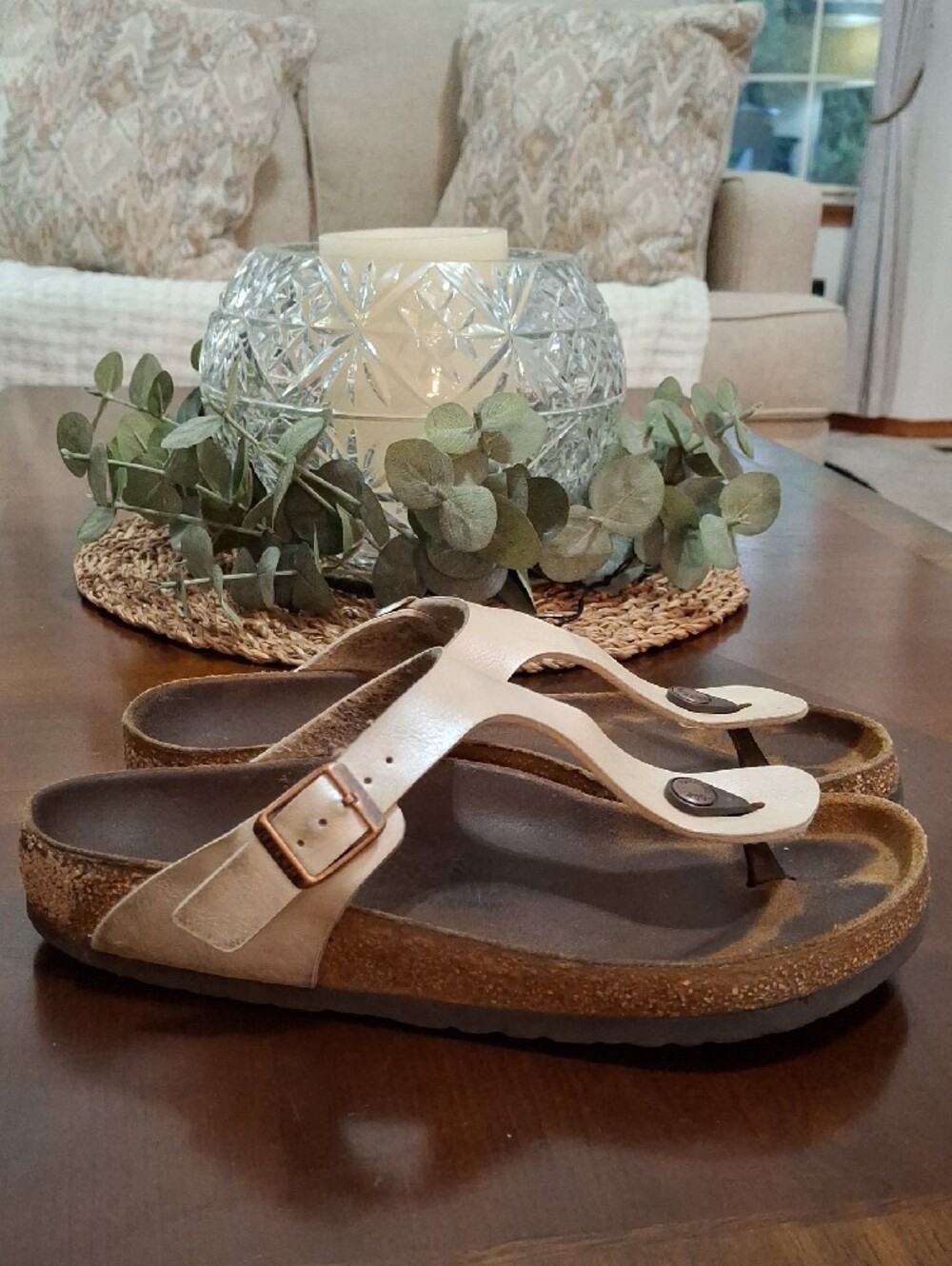 Birkenstock Gizeh Beige Leather Cork Footbed Thong Sandals Size 8/8.5